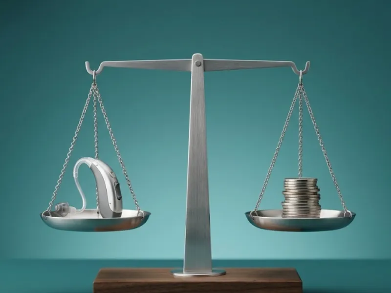 Hearing aid balanced against coins on a scale