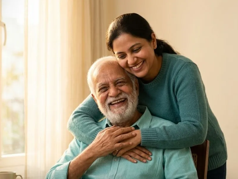 Smiling older man hugged by his daughter