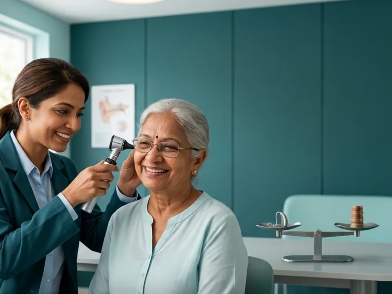 Audiologist examining an older woman's ear with an otoscope