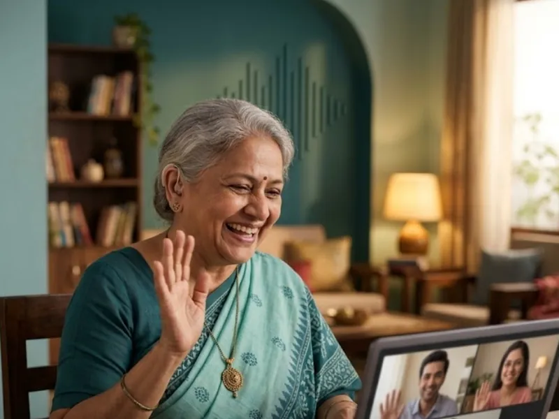 Older woman at home waving on a family video call